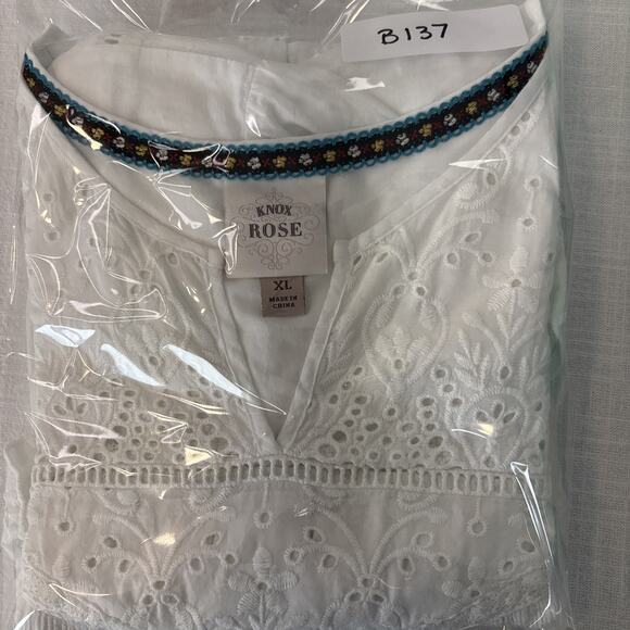 Knox Rose XL White Eyelet Boho Peasant Tunic Top Short Sleeve Eyelet Embroidery - Picture 16 of 16